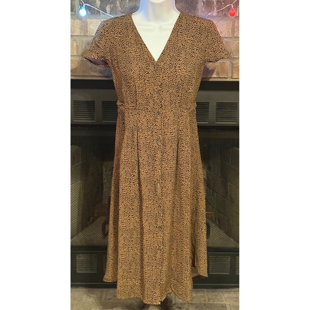 LOFT Petites Leopard Print Button Down Midi Dress Tan Black Animal Print 0P